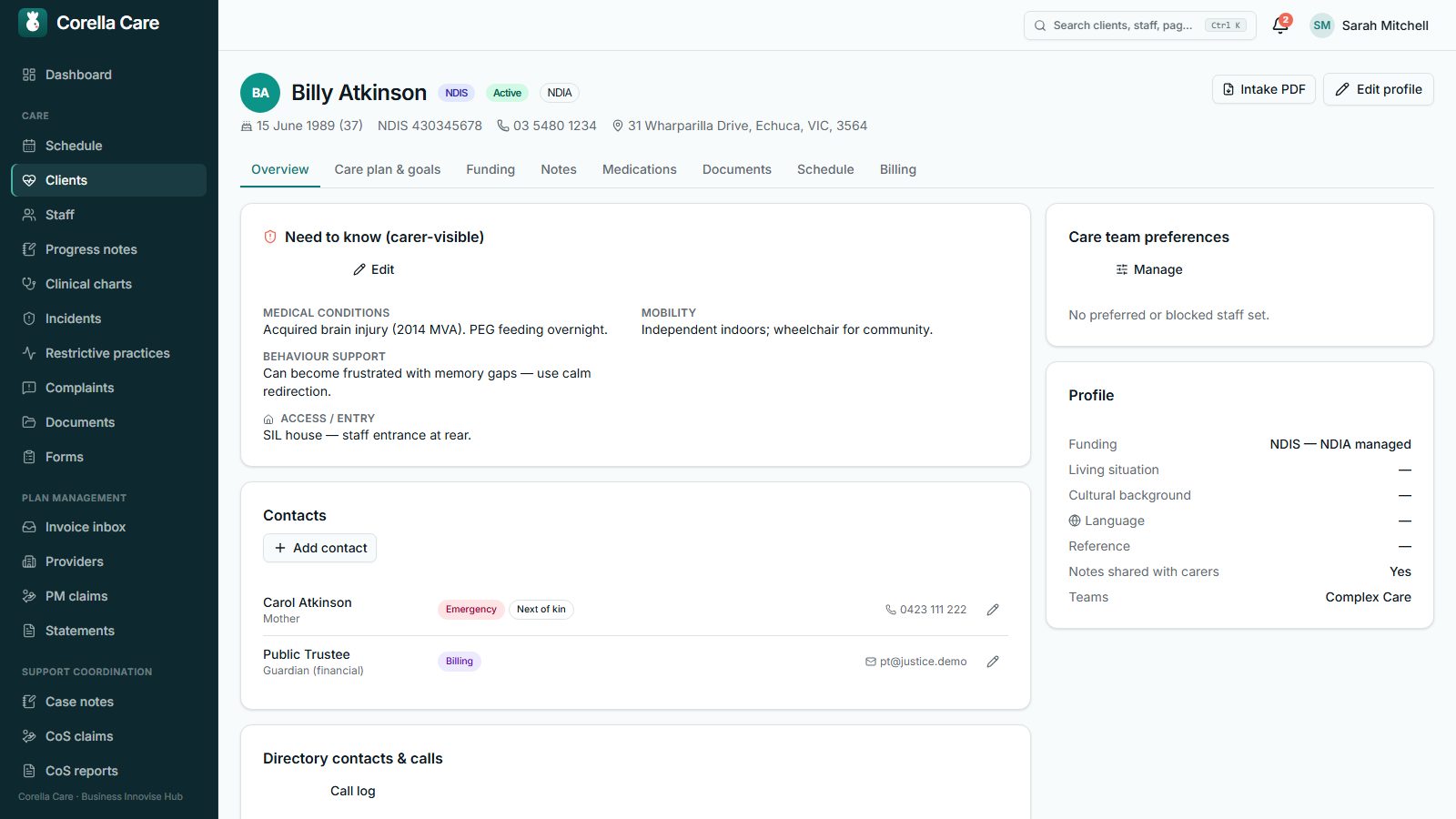 A client profile with contacts, plans and preferences tabs