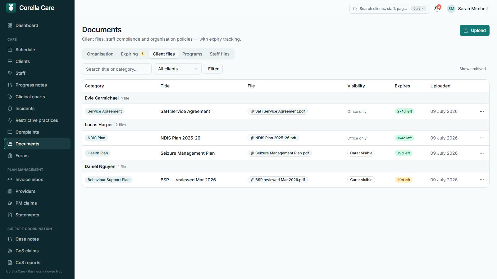 Client documents library with categories and expiry indicators